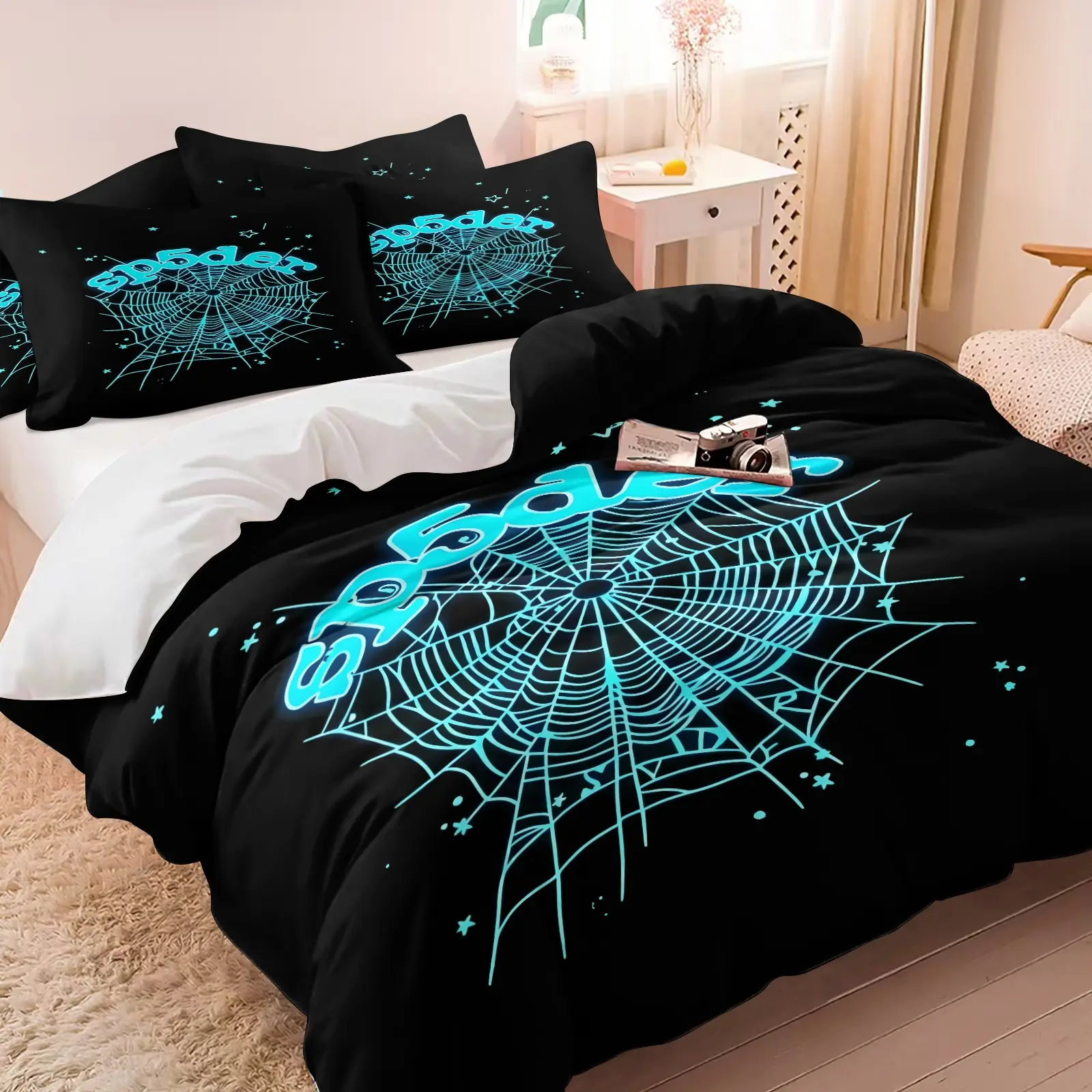 Aesthetic Y2K Spider Web Duvet Cover Set, Soft Breathable Skin-Friendly, Neon Blue Vivid HD Glowing Print, Gothic Style Bedroom Bedding, Machine Washable (1 Duvet Cover + 1-2 Pillowcases) for Teens & Young Adults
