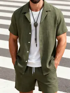 Men's Olive Green  2-Piece Outfit - Camp Collar Shirt & Drawstring Shorts, Breathable Lightweight Fabric, Relaxed Fit for Casual Outdoor Activities, City Walks & Summer Street Style
