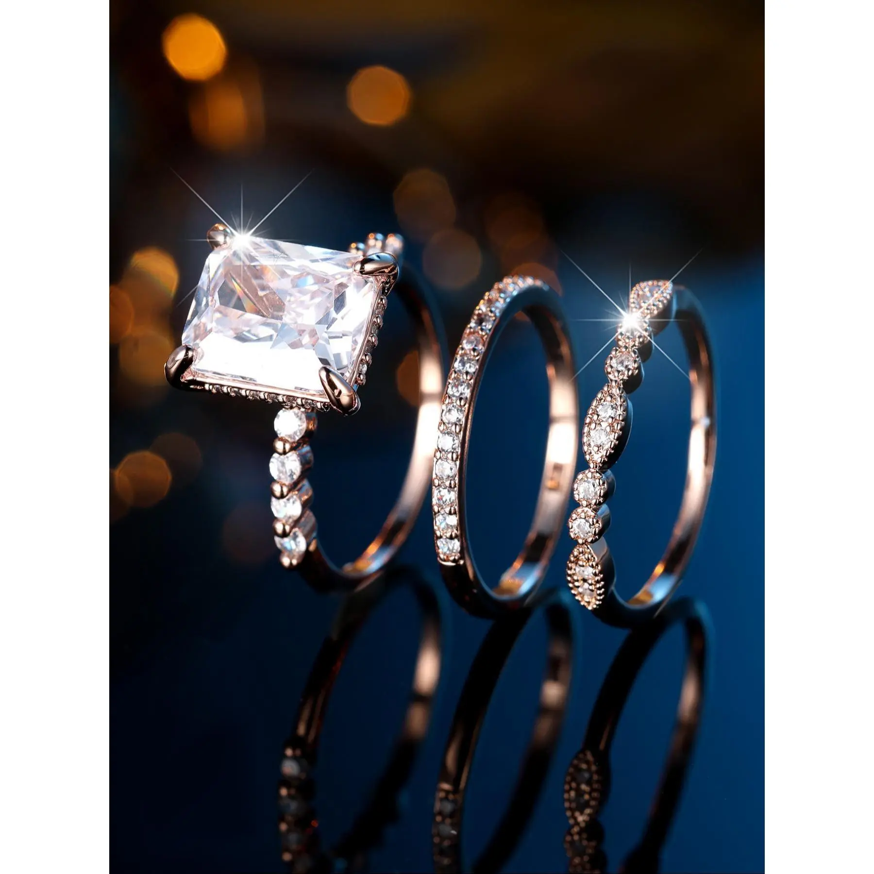 Women's 3-Piece Rectangular Beveled White Diamond Ring Set - Diamond-Encrusted, Waterproof, Non-Fading, Elegant, Simple, High-End, Luxurious Holiday Gift for Special Occasions engagement rings promise rings marquise engagement ring smart ring