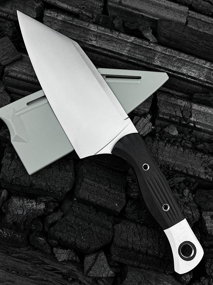 4010 Station Knife Kitchen Knife Fixed Blade  5.9" CPM-154 Stainless Steel Clip Point Blade, OD Black G10 Handles with White G10 Bolsters, Plastic Sheath Hiking Camping kitchen knife, slicing knife