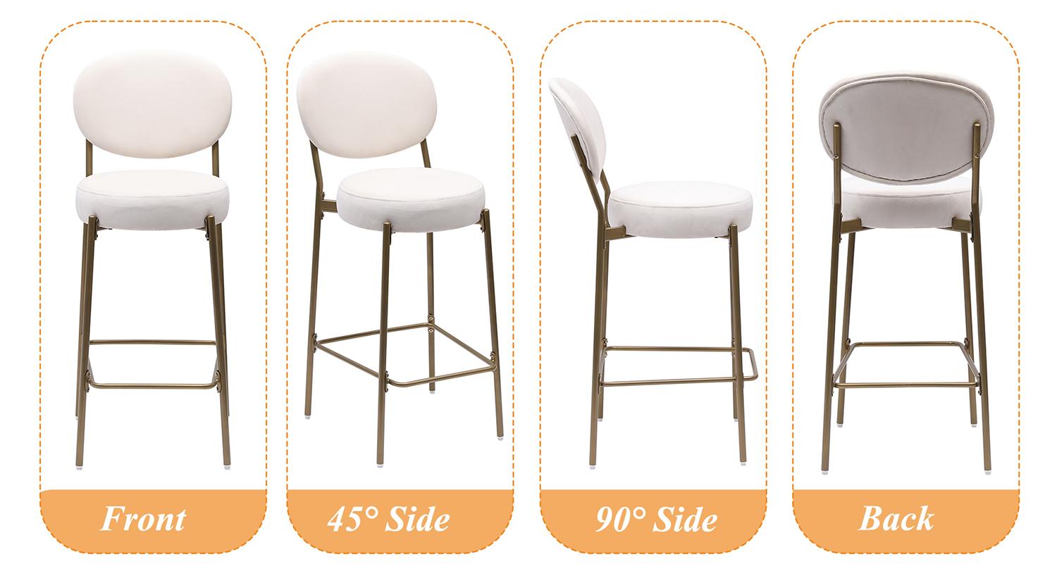 29'' Upholstered Bar Stools Velvet Counter Stool with Backrest & Footrest Set of 2 Round Dining Chairs for Kitchen