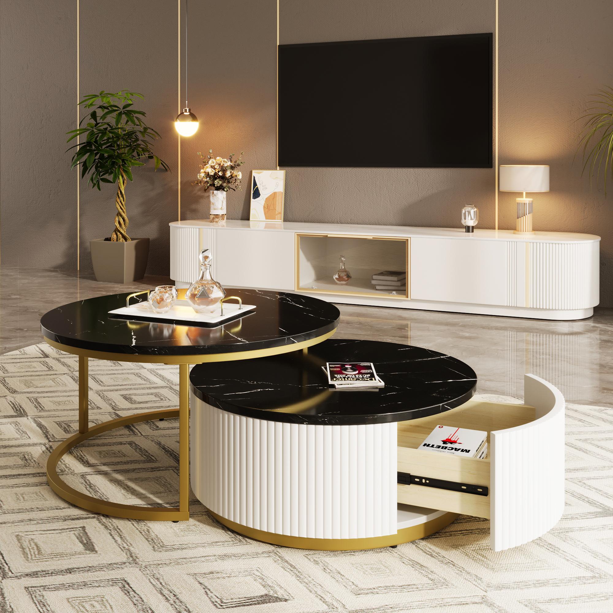 Bellemave Modern Round Nesting Coffee Table Fluted with Drawer in Black & Gold 27.6" Foldable MDF Top for Tidy Living Space Bellemave Modern Round Nesting Coffee Table Fluted with Drawer in Black & Gold 27.6" Foldable MDF Top for Tidy Living Space