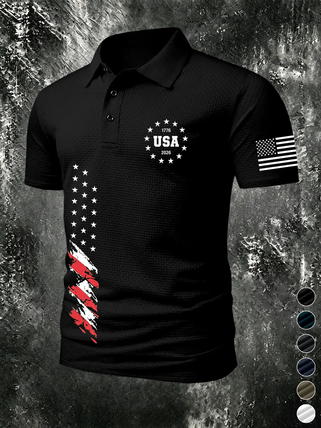 Men's Waffle Texture Short Sleeve Polo Shirt, Patriotic American Polo, Usa Independence Day Vintage Flag Print, Lightweight Business Casual Breathable Top, Summer Polo Shirts, Knitted Polo Shirts