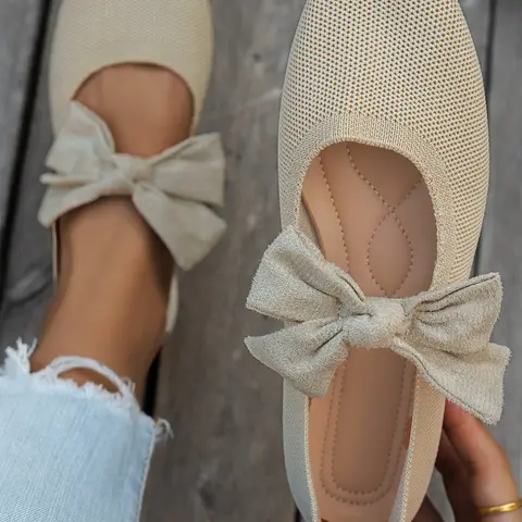 Women's Knit Mary Jane Shoes, Retro Square-Toe Slip-On Statement Flats, Comfortable Low-Heel Shoes, Fashionable Commuter Shoes with Bow Decor