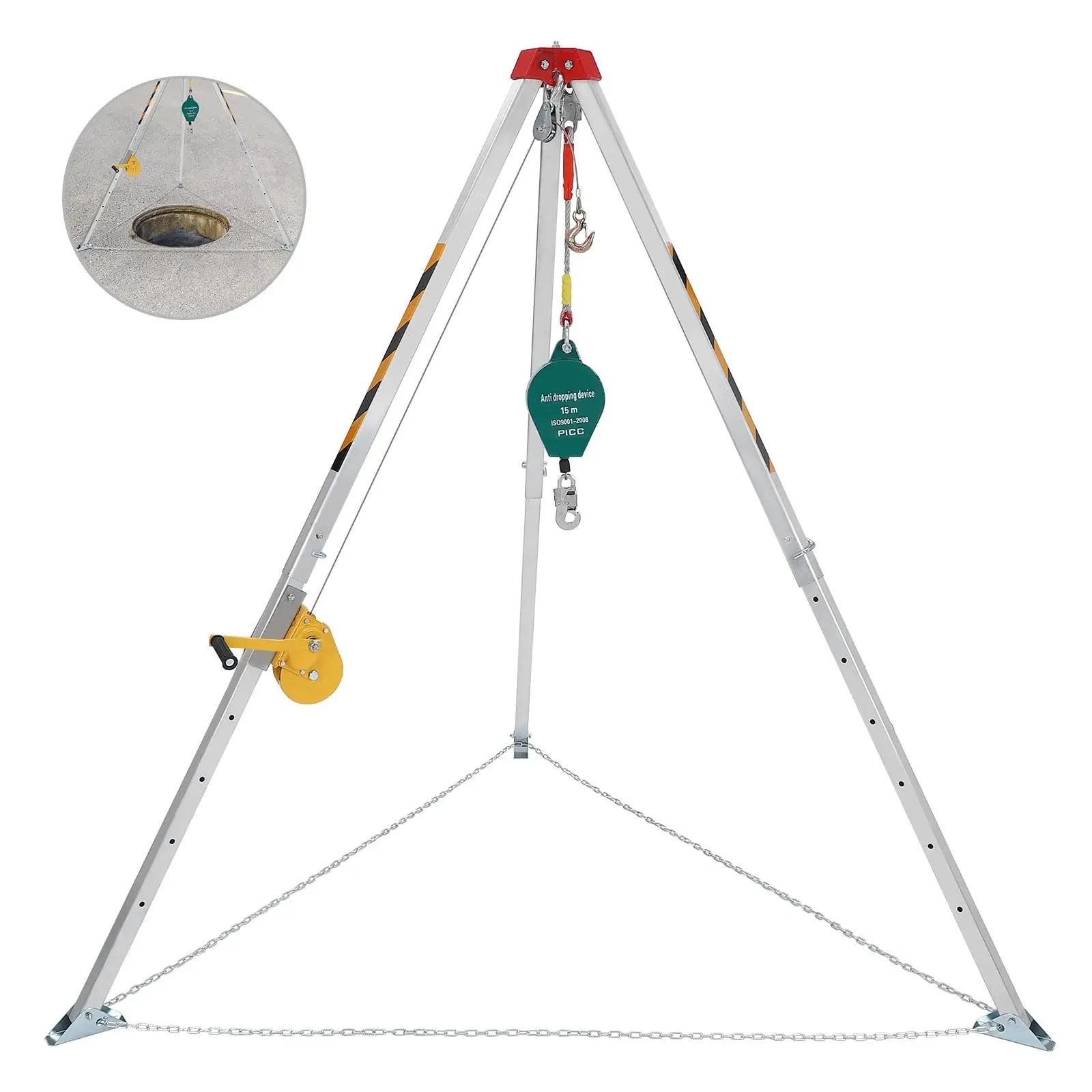 GARVEEConfined Space Tripod Kit with 1200 LBS Lifting Winch and Fall Arrester, Sewer Rescue Tripod with Safety Self-Locking Device