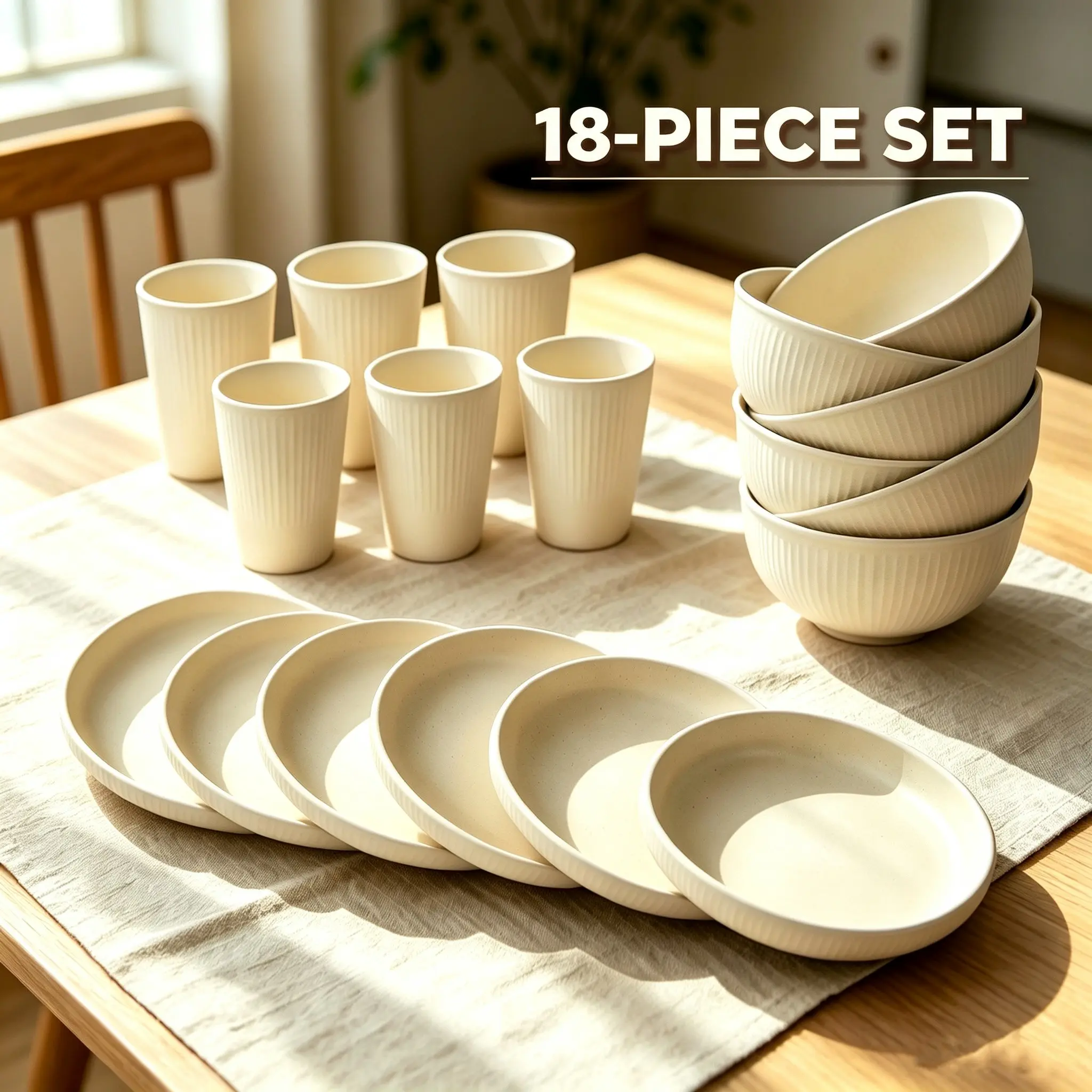 18 Piece Plates and Bowls Sets, Unbreakable Tableware Sets, Wheat Straw Dinnerware Sets, Modern Dish Set for Camping, Kitchen Cups Plates and Bowls Sets, Dishwasher Microwave Safe, Indoor Outdoor Kitchen and Apartment Dorm Dinning RV Essentials