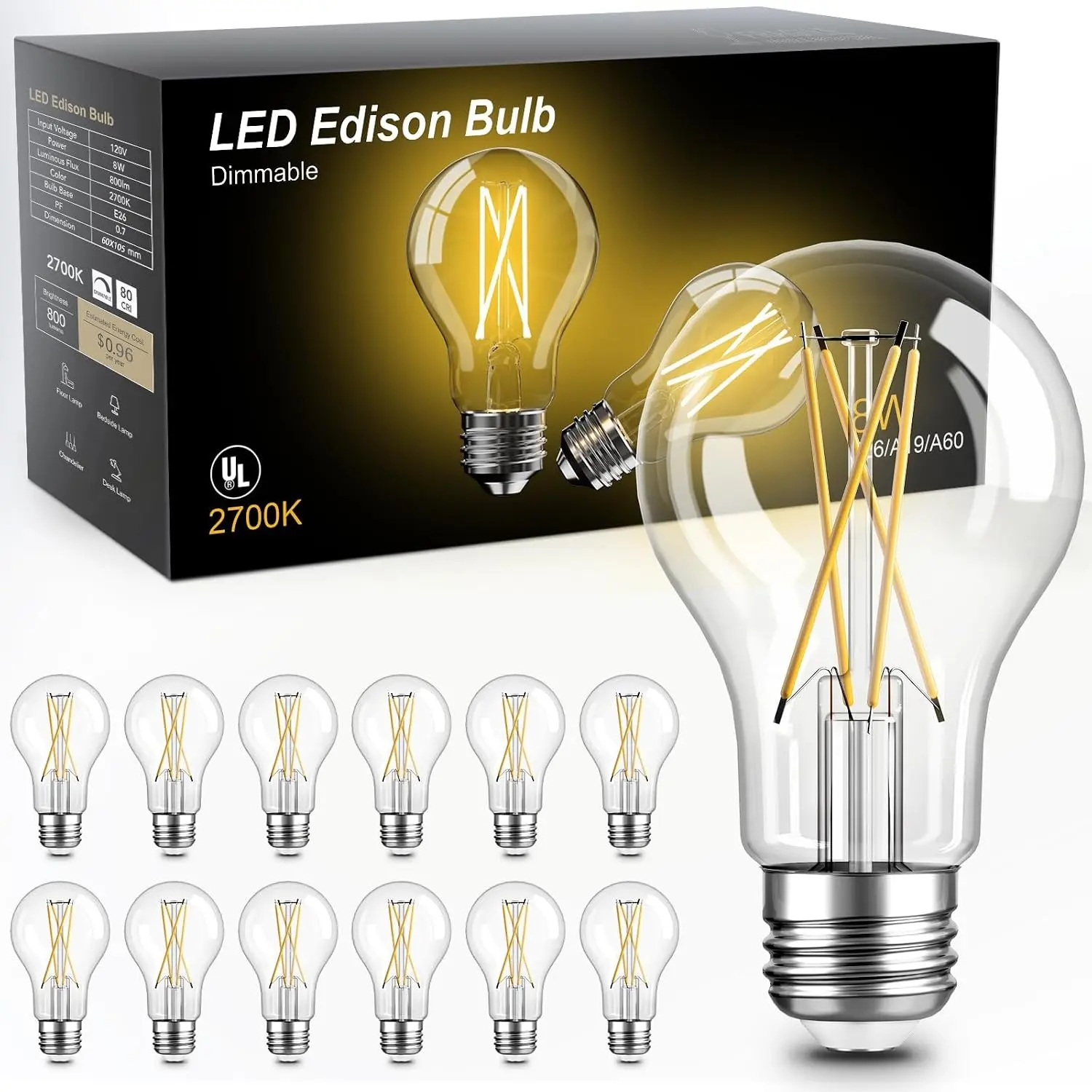 Vintage LED Edison Bulbs 12 Pack, Dimmable A19 60W Equivalent, 2700K Warm White 800 Lumens, E26 Standard Base, Clear Glass Filament Bulb for Home Farmhouse (CRI80+ 8W)Gift