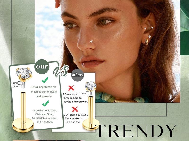 Viral 18G 16G Flat Back Earrings for Women with Piercing Ball Grabber Tool - 316L Surgical Steel Cartilage Hoop Earrings Stack, Internal Thread CZ Stud Piercing Jewelry for Tragus Helix Conch & Hypoallergenic Lip Nose Rings Hoops