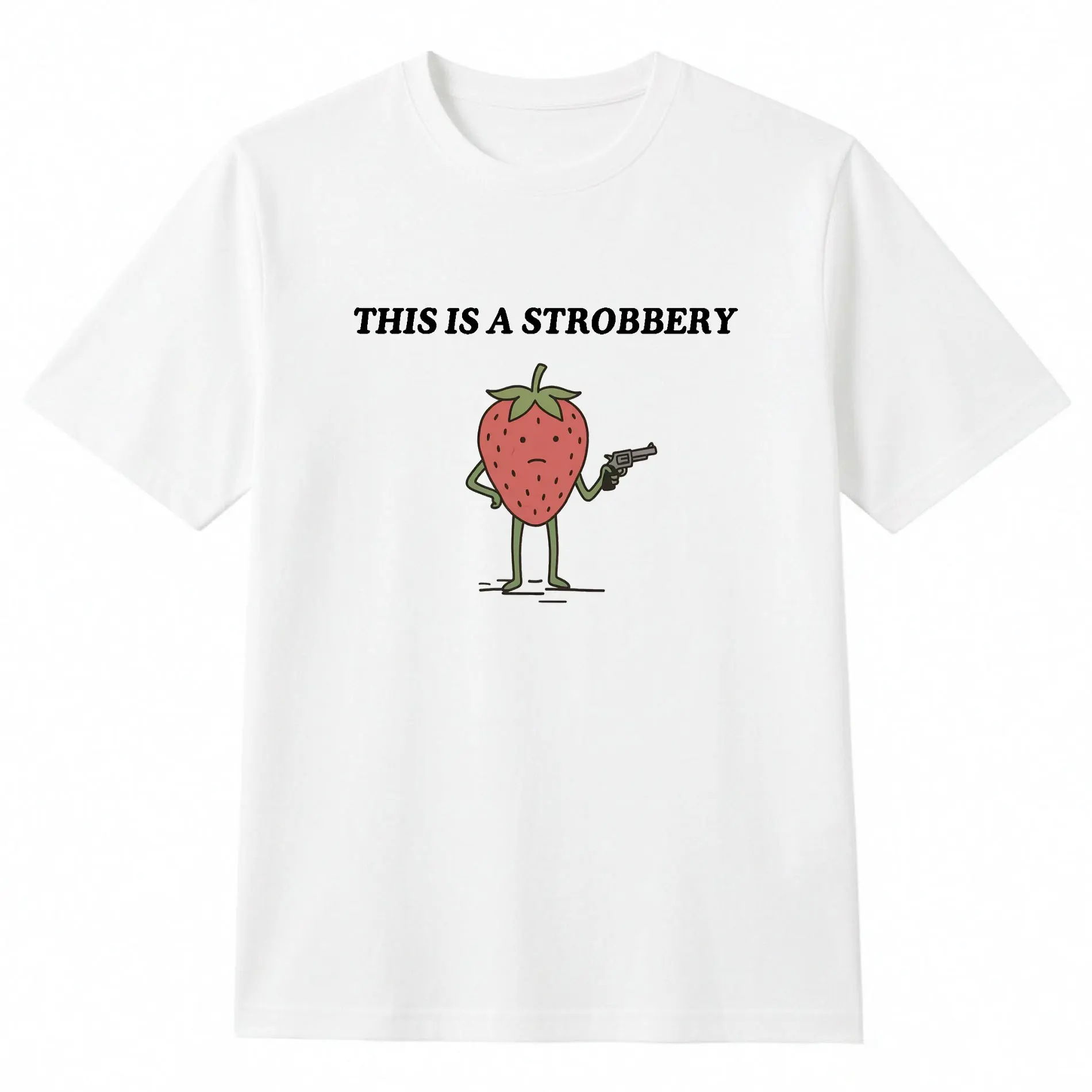 Unisex Strobbery Graphic T-Shirt - Menswear Casual Short-Sleeve Tee, Ironic Food Meme Top, Weird Unginged Strawberry Denim-Inspired Cargo-Style Accent Shirt, Shortsleeve