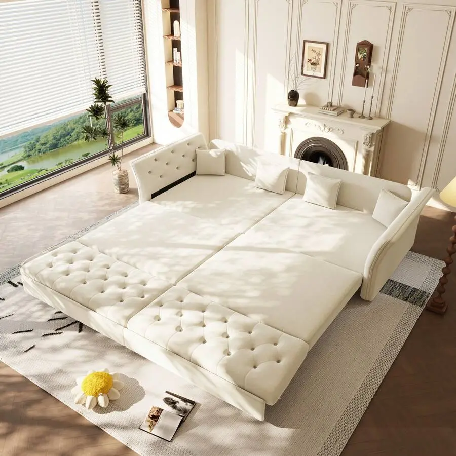 Rhomtree 100" Oversize Pull Out Sofa Bed, Convertible Sleeper Sofa With Handmade Flower Tufted Design, Multi-Functional Velvet Loveseat Bed Living Room, Bedroom, Apartment