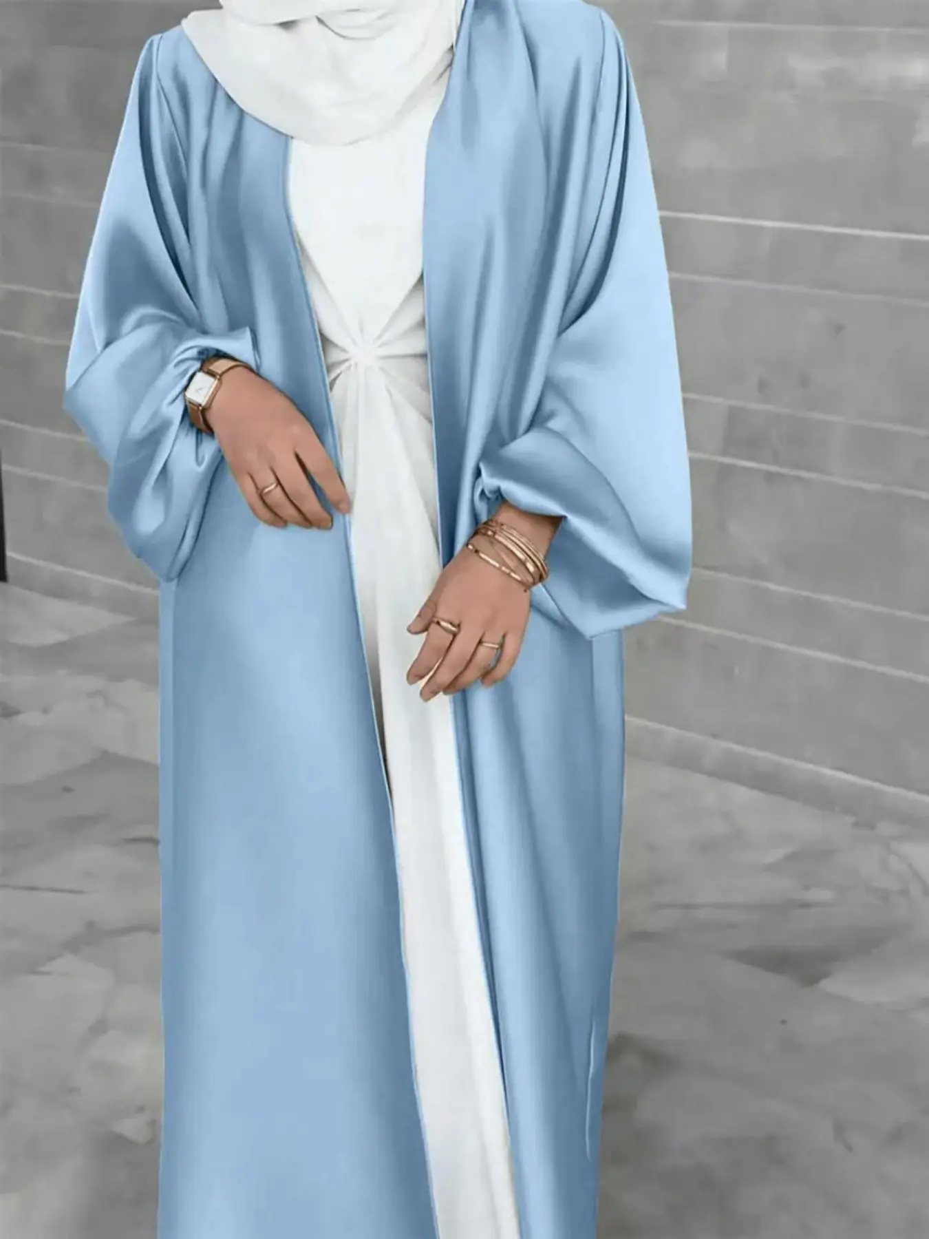 Light Blue Satin Open Front Long Robe, Middle Eastern Dubai Bubble Sleeve Loose Outerwear, Abaya Muslim Women's Clothing, Islamic Modesty Clothes