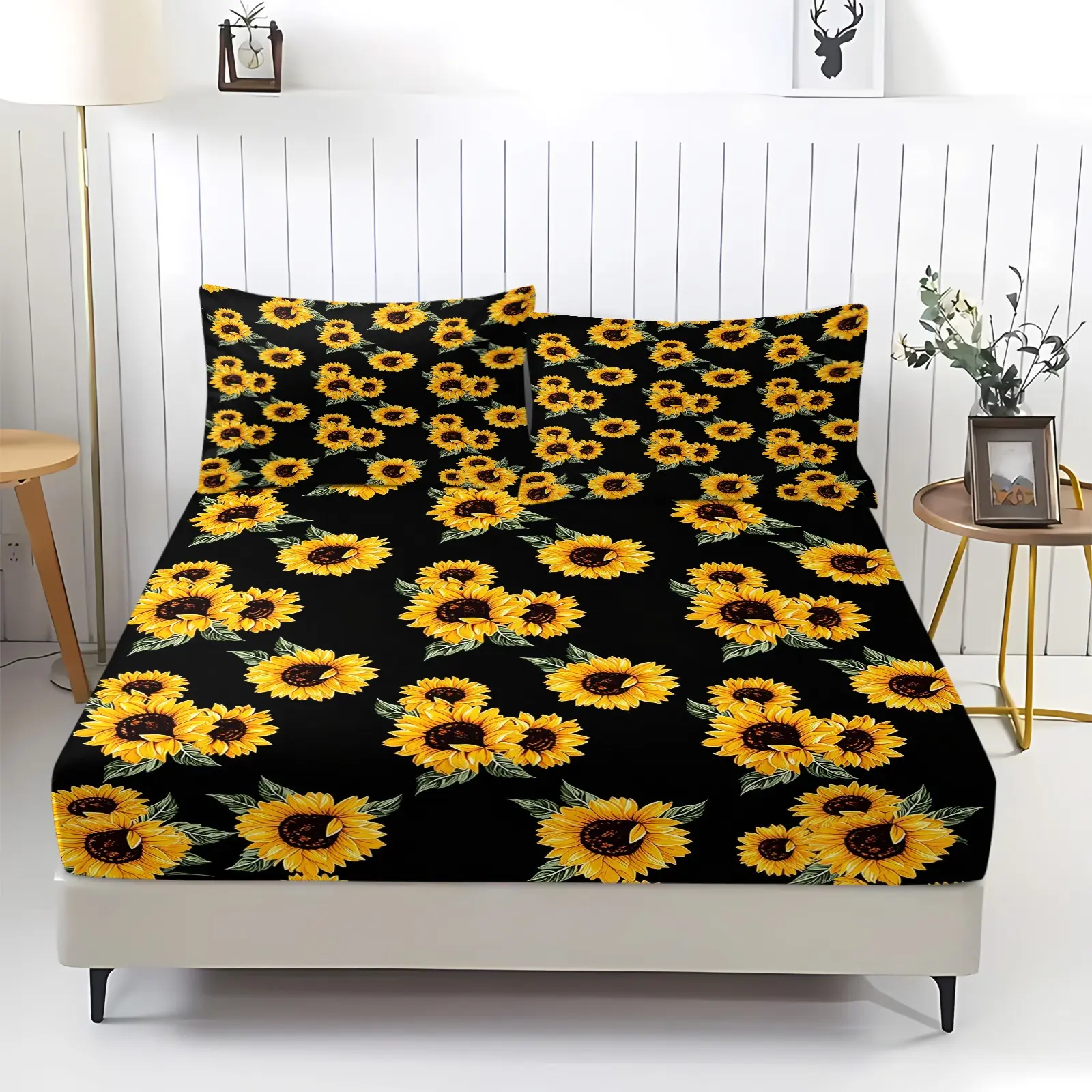 Yellow Sunflowers Pattern Decor Bedding Set for Adults Teens, Floral Bedding Black Background Sheet Set Microfiber Fitted Sheet Polyester Bedspread Cover (1 Fitted Sheet + 2 Pillow Cases)