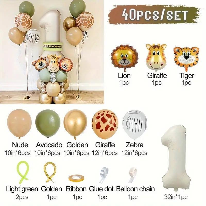 40 pieces new jungle retro animal balloons for kids birthday number 12345  party decoration set with digital columns Tiger Lion