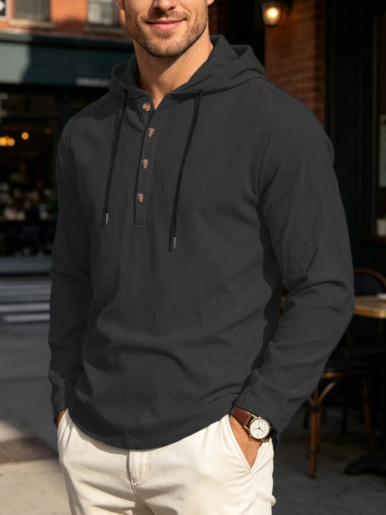 Men's Autumn Loose Linen Hoodie, Casual Breathable Long Sleeve Shirt, Single Button Neck, Ideal for Daily Wear and Outdoor Activities