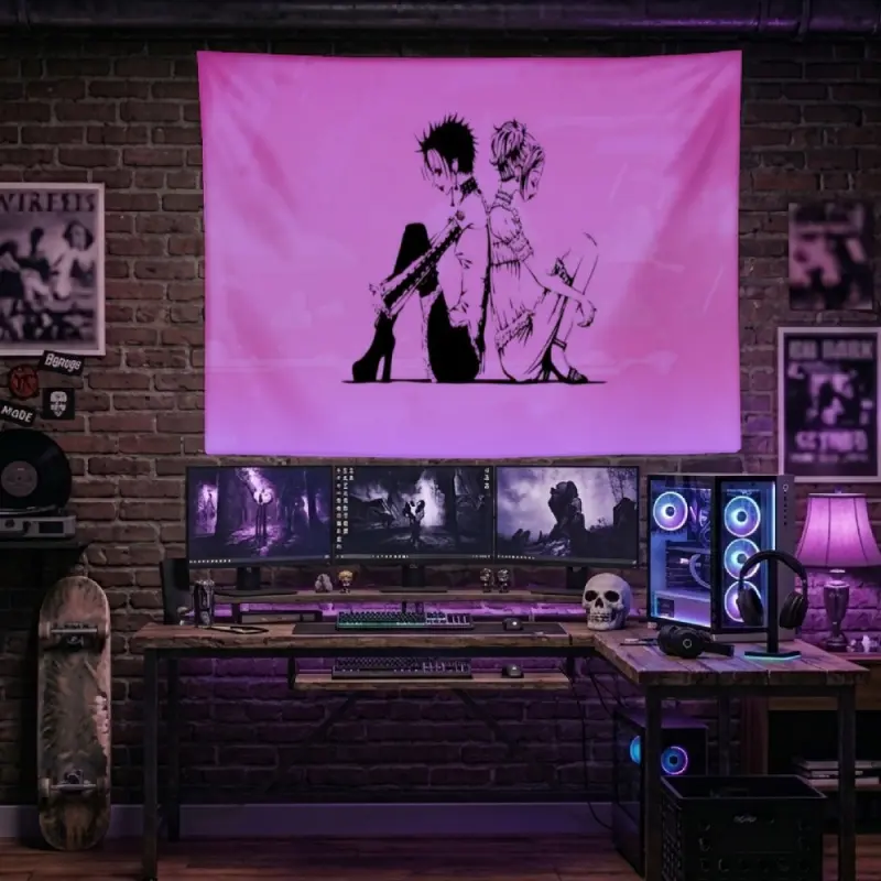 Anime NANA Ren and Nana Silhouette Tapestry Pink Background Back to Back Portrait Wall Hanging Minimalist Shoujo Girls Bedroom Room Decoration Dorm Banner