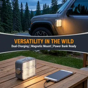 High-brightness outdoor solar-powered light with replaceable battery and long runtime; features magnetic mounting and serves as an emergency light, stall lighting, or portable charger.