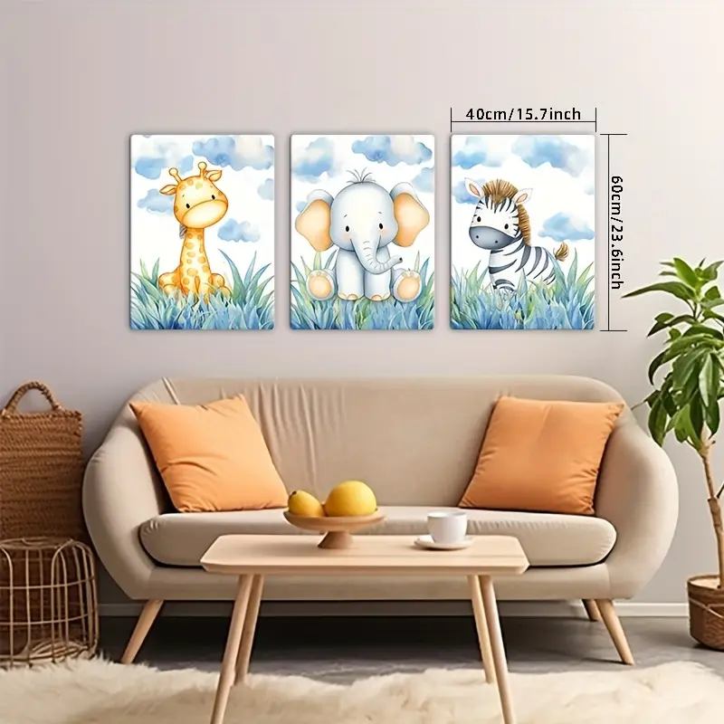 2D Flat Print Wrapped Canvas Print Set Of 3, Framed Cute Zoo Wall Art. Vivid Watercolor Prints Of Giraffe, Elephant And Zebra, Cheerful Kids And Teen Artwork, Lovely Decor For Bedroom And Playroom