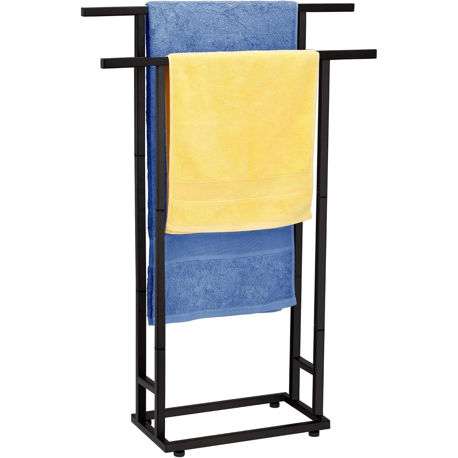 2 Tier Freestanding Towel Rack for Bathroom, Tall Black Floor Standing Bath Towel Drying Display Stand, Outdoor Pool Towel Storage Holder Suitable for Blankets