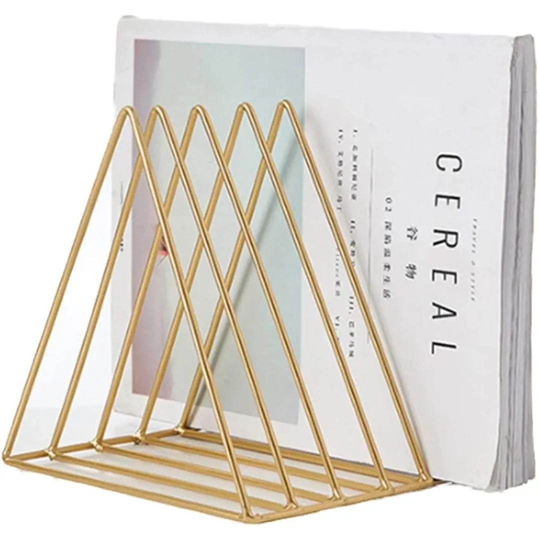 5-Slot Gold Metal Triangle File Holder for Office, Triangle Vinyl Record Stand, Magazine Newspaper Holder, Photography Props for HomeGift