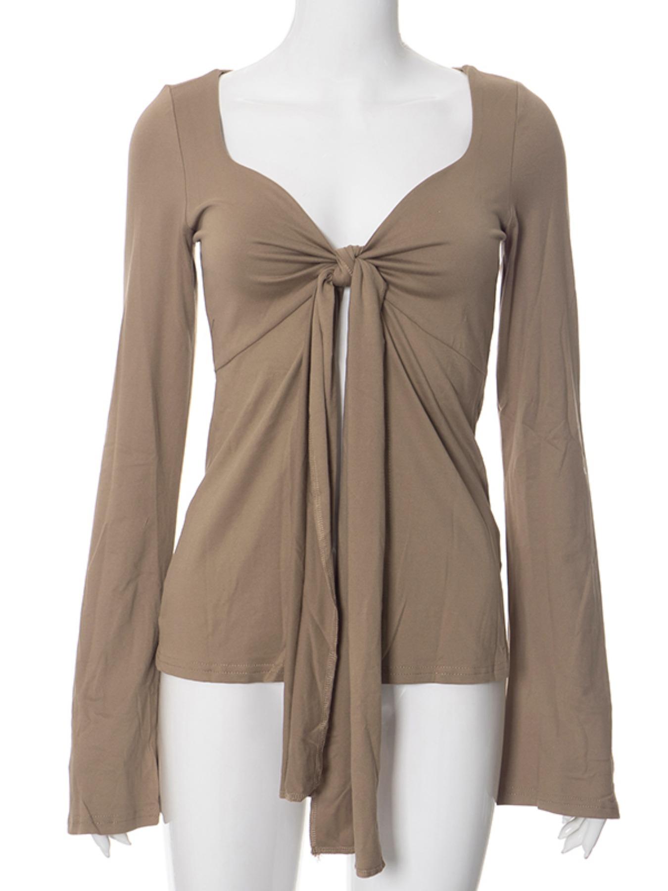 Women's Solid Knot Front Split Hem Tee, Casual Long Sleeve Sweetheart Neck T-Shirt for Fall, Women's Clothing for Daily Wear