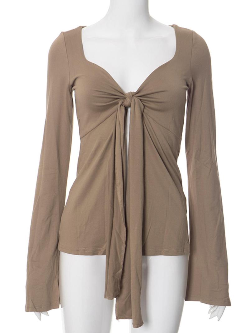 Women's Solid Knot Front Split Hem Tee, Casual Long Sleeve Sweetheart Neck T-Shirt for Fall, Women's Clothing for Daily Wear