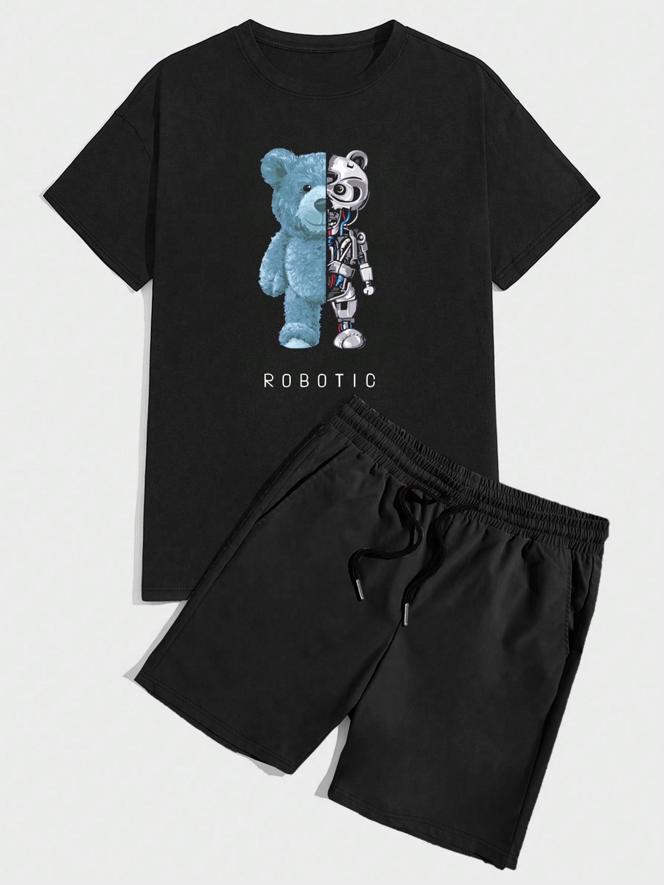 Two-piece Set Men's Bear Print Short Sleeve Tee & Shorts, Regular Fit Casual Round Neck T-shirt & Shorts, Men's Summer Clothes for Daily Wear, Loungewear, Shorts Pajama Set