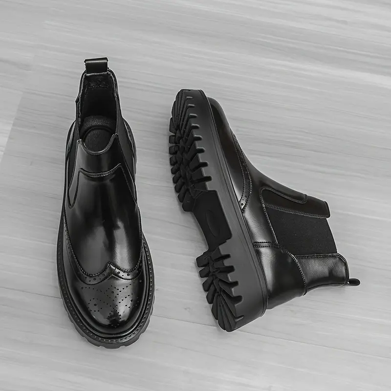 GGOR High-Top Men'S Chelsea English Short Boots Retro Boots Brogue Boots Thick Sole Carved Pedal Increase Boots