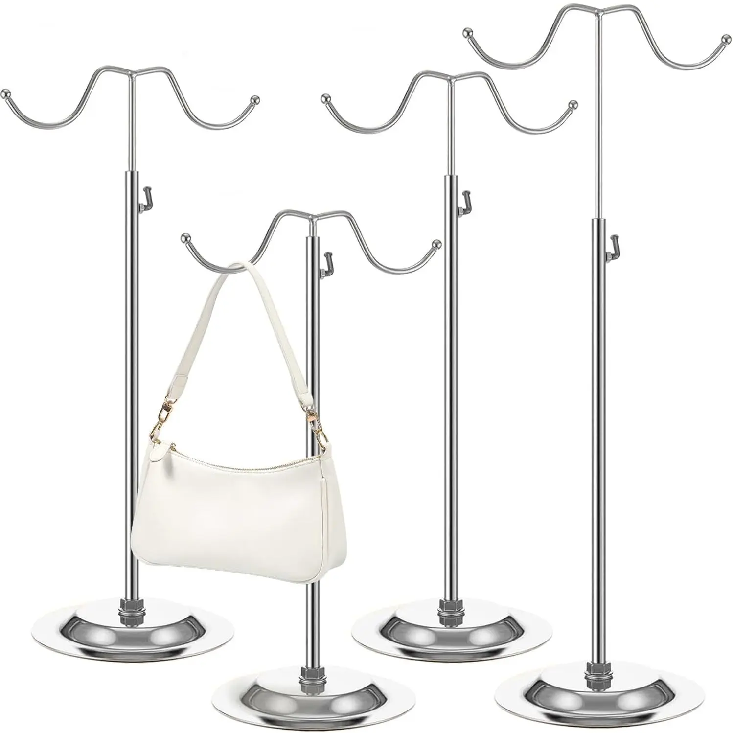 4 count Handbag Display Stands Adjustable Purse Display Stand Stainless Steel Double Hook Bag Display Stand Holder for  Boutiques Store Counter Retail,