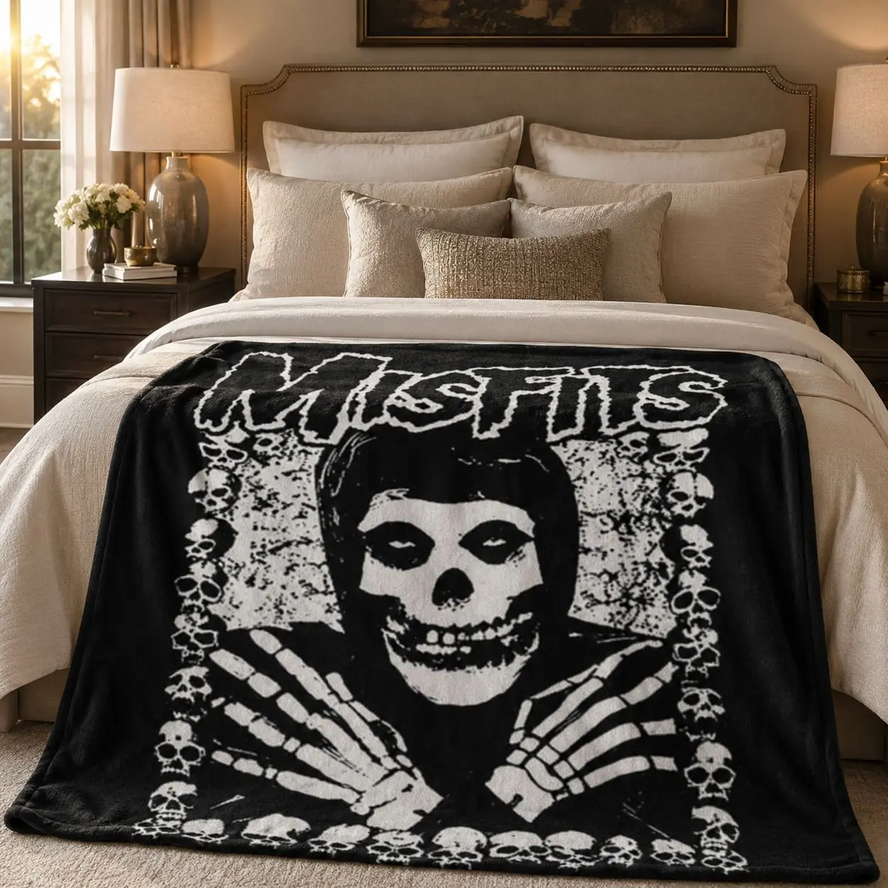 Misfits Punk Band Vintage Skull Print Flannel Blanket, Soft Lightweight Breathable Warm Plush Throw, All-Season Dark Style Decorative Rug