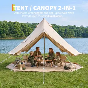 All-Season Canvas Bell Tent with Stove Jack – 9.84 FT Glamping Yurt Hot Tent, Heavy Duty PVC Base, Mesh Windows – Ideal for Family Camping, Outdoor Pursuit, Parties – Beige, 300cm x 300cm x 200cm