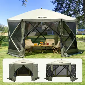 VEVOR Pop Up Gazebo Tent, Pop-Up Screen Tent 6 Sided Canopy Sun Shelter with 6 Removable Privacy Wind Cloths Mesh Windows, 12x12FT Quick Set Screen Tent with Mosquito Netting, Army Green