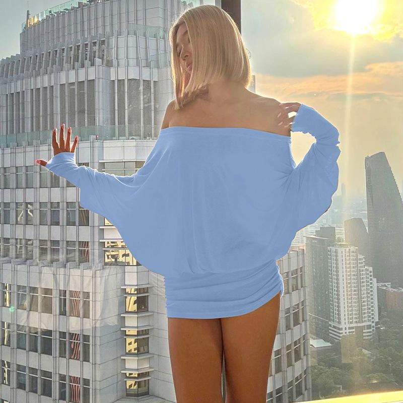 European and American style women's clothing 2025 spring new sexy pure desire wind one-word collar pull pleated tight hip wrap dress