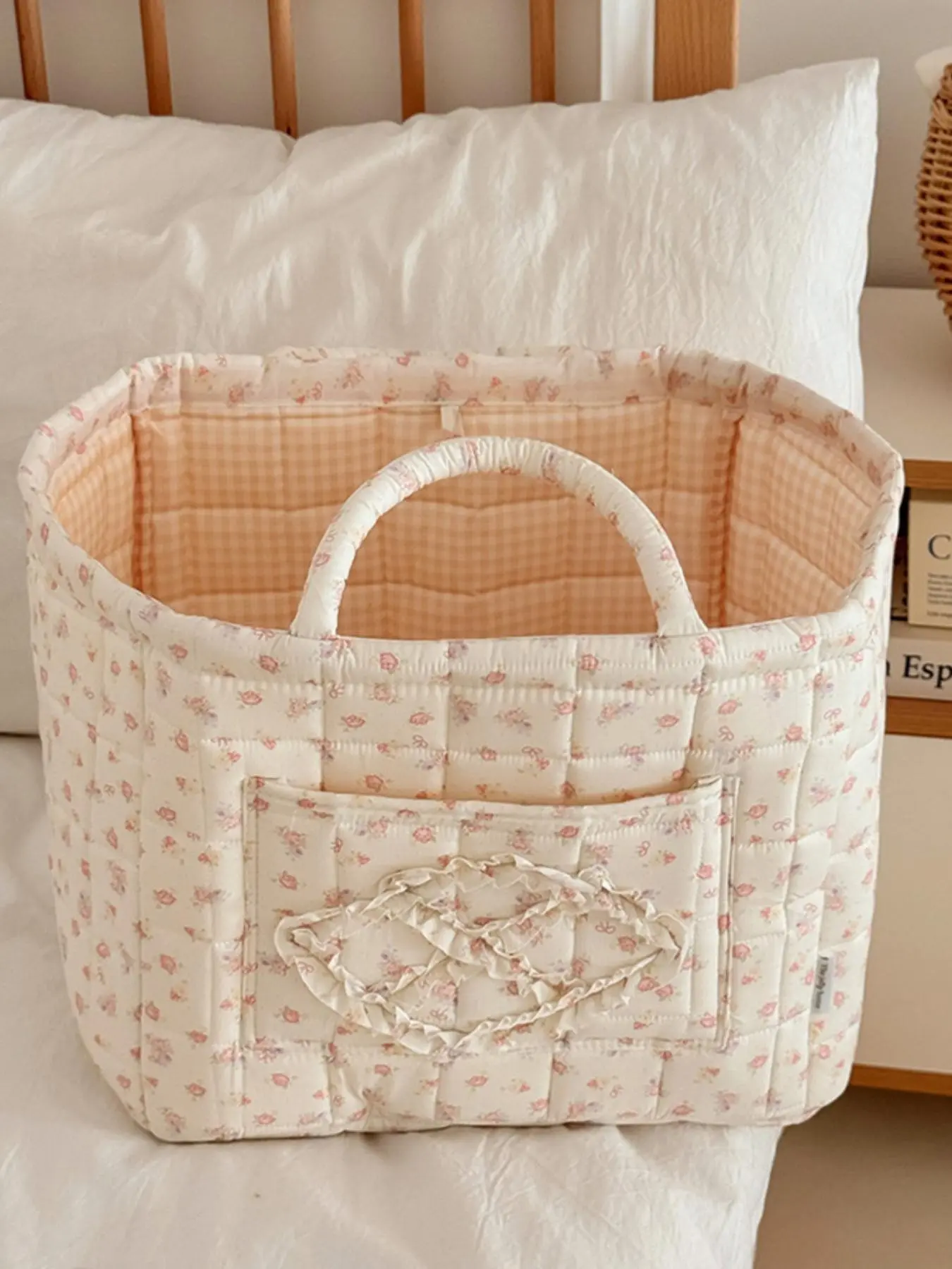 Coquette Pink Floral Quilted Fabric Storage Basket, Ruffle Decor Front Pocket Organizer Tote, Reversible Gingham Lining Large Capacity Storage Bin for Bedroom, Nursery, Desktop Sundry Storage
