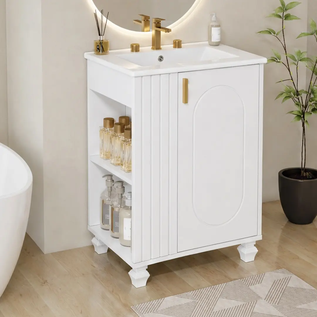 24-Inch Classic White Solid Wood Bathroom Vanity with Sturdy Frame, Low-Maintenance Ceramic Sink, Soft-Closing Door, Side Open Storage, 2-Tier Shelves, Elegant Hardware, Assembly Required, Convenient Delivery for Bathroom Organization, Home Decor, Pine