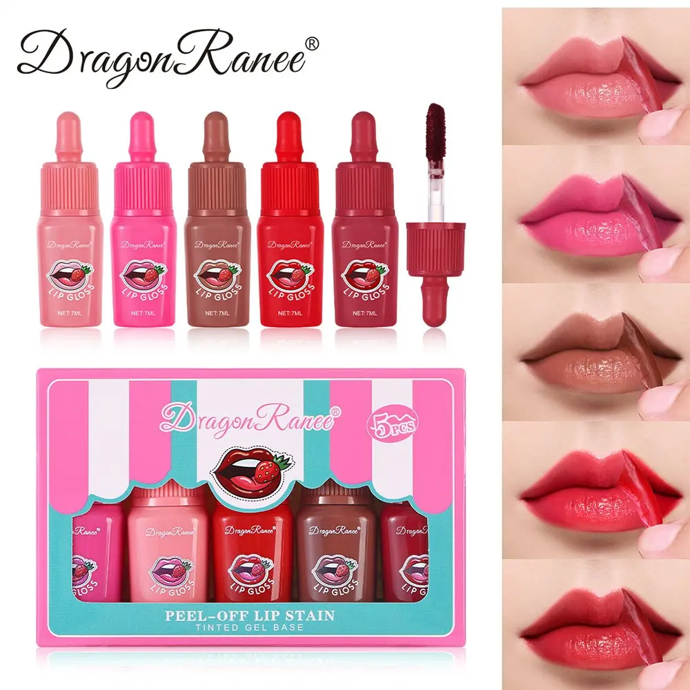 Dragon Ranee Strawberry Peel-Off Glossy Lip Gloss Set, 5-Piece Gift Box, Waterproof Long-Lasting, No Smudge, Lazy Girl Lip Gloss Kit for Women