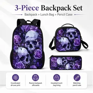 Skull pattern printed 17-inch backpack three-piece set (single-layer backpack + round lunch bag with shoulder strap + single-layer pencil case) School backpack Backpack for School