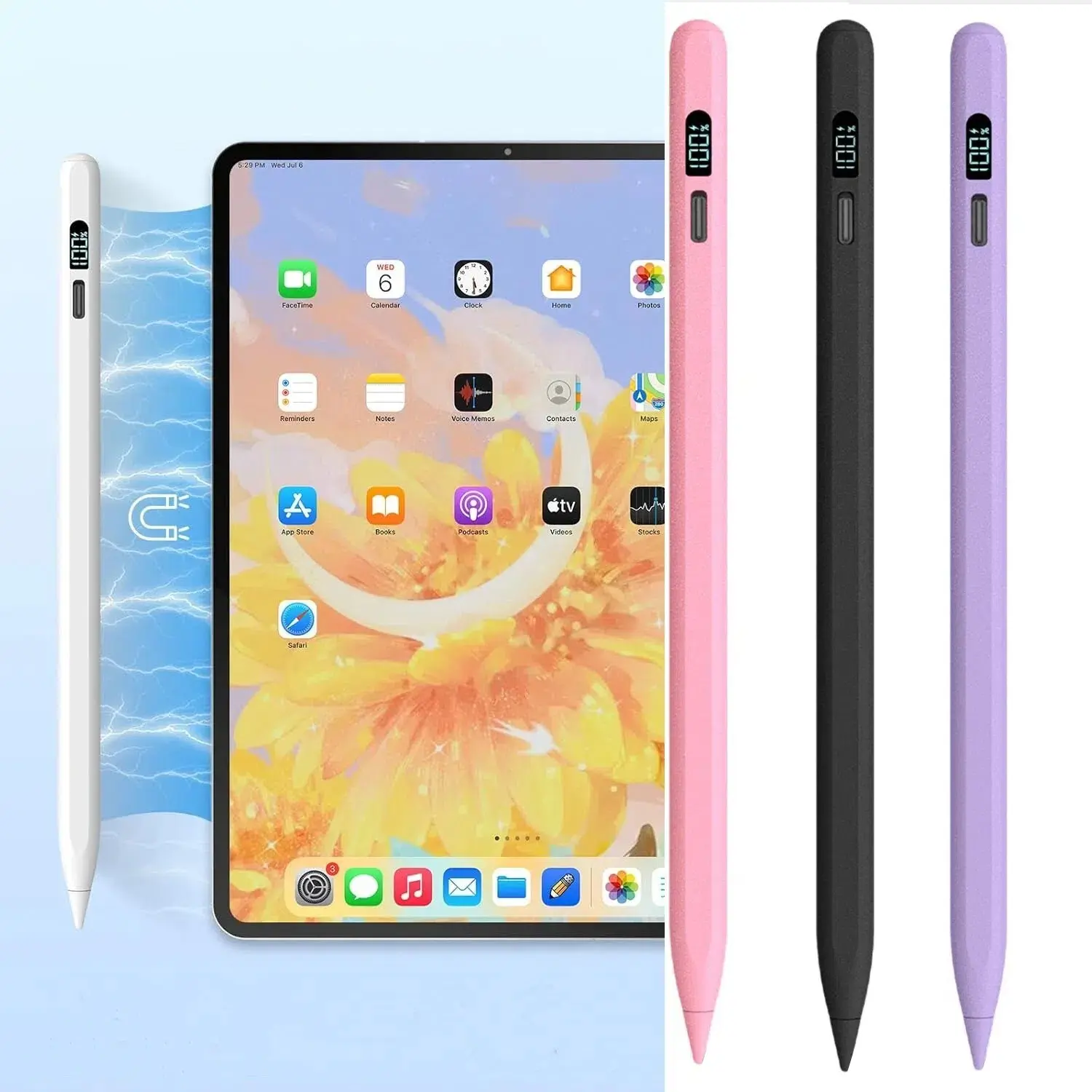 LED Capacitive Stylus Pen with USB-C Fast Charge, Plastic Body, Tilt Sensor, Palm Rejection, LED Power Display, Function Button - Compatible with iPad (10/9/8/7/6th Gen, Pro 11"/12.9" M4, Air 5/4/3 M2, Mini 6/5) Tablet Accessory