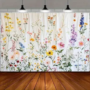 Wildflower Bloom Banner Backdrop Floral Nature Style Polyester Fiber Tapestry Wall Hanging Photography Background Birthday Baptism Wedding Party Home Studio Indoor Outdoor Durable Fabric
