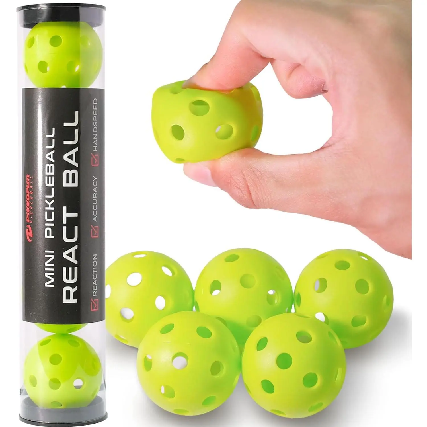 React Mini Pickleball Balls - 5-Pack 1.65" Small Training Balls for Indoor Drills, Hand Speed & Paddle Control - Quiet Home Practice, Warm-Ups - Lime Green, Mini Balls