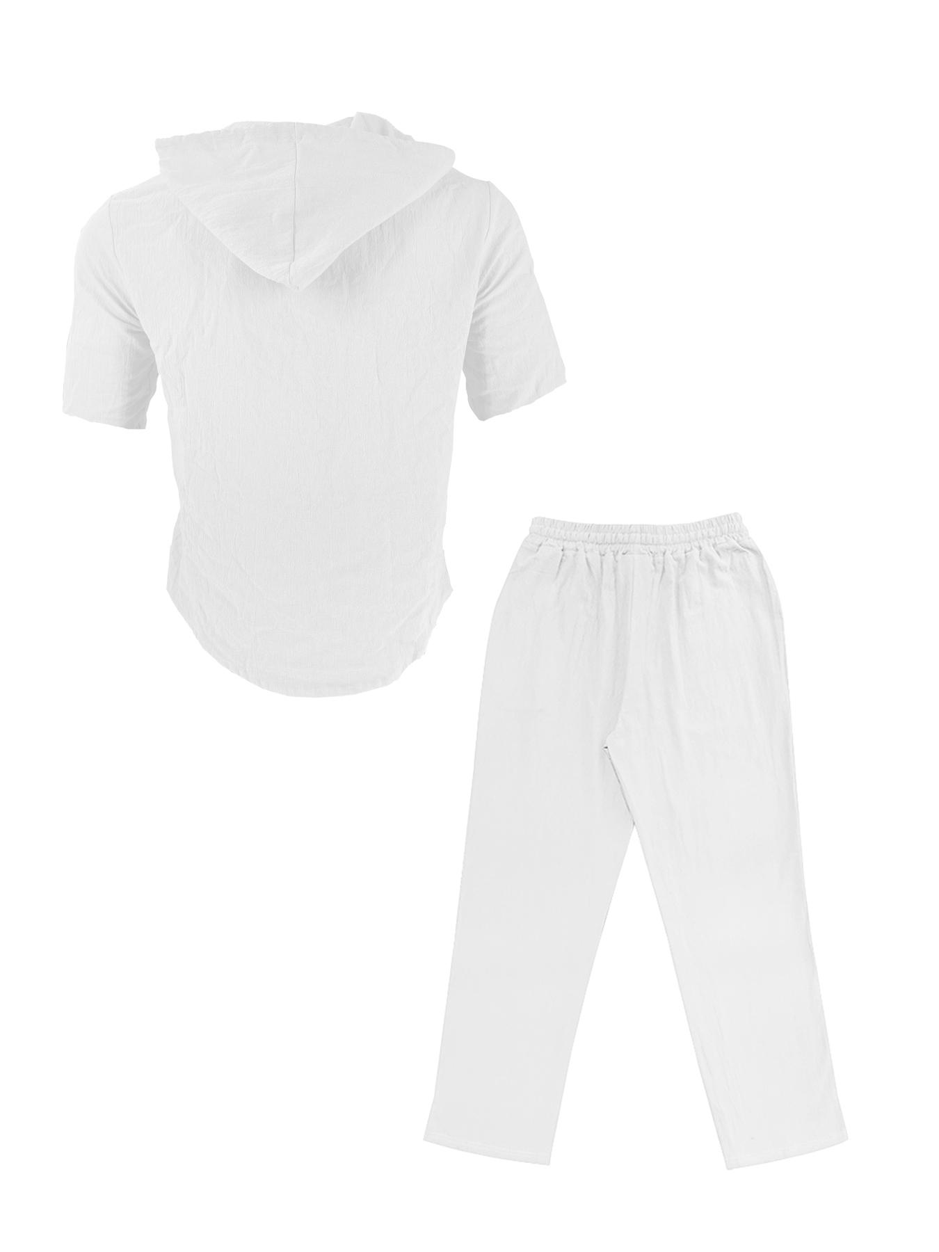 Two-Piece Set Men's Solid Linen Set, Casual Breathable Quick-drying Top & Drawstring Wide-leg Pants Set for Beach Holiday, Men's Clothing for Summer, Menswear