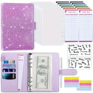 A6 Glitter, Sparkling PU Leather Binder, Planner Notebook, Weekly Planner, Monthly Budget Planner, 6 Ring Budget Planning Storage Bag with 8 Zipped Cash Envelopes, 12 Expense Budget Sheets, 2 Letter Label Stickers for Budget, Save Money