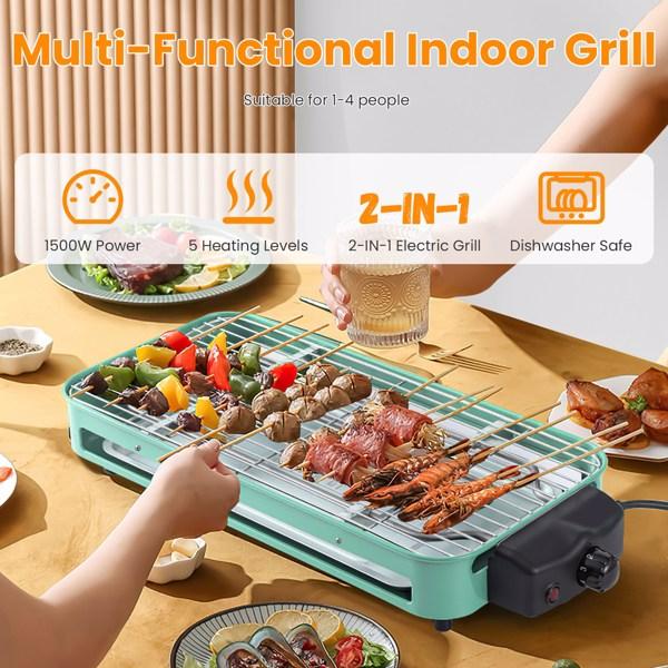 1500W Electric Indoor Grill 2-in-1 BBQ with Grill Net Removable Plate 5 Temp Control 3 Trays Dishwasher Safe for Indoor & Outdoor Parties