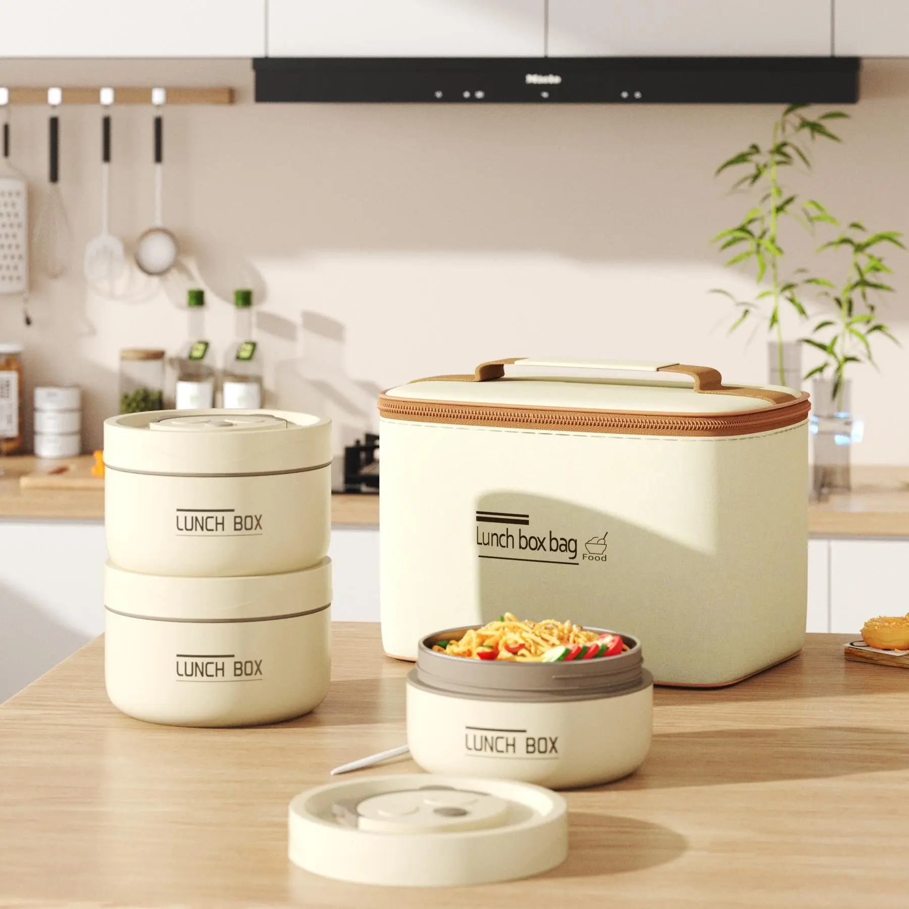 3pcs Stainless Steel Insulated Bento Boxes - Anti-Spilling Lid Round Tableware Containers, Microwave-Safe Stackable Daily Lunch Prep Organizer with Beige Bag (Makes Carry Easy) for Adults, Ideal for Insulated Lunchbox, Work & Bento Box Lunch Ideas, Stainl