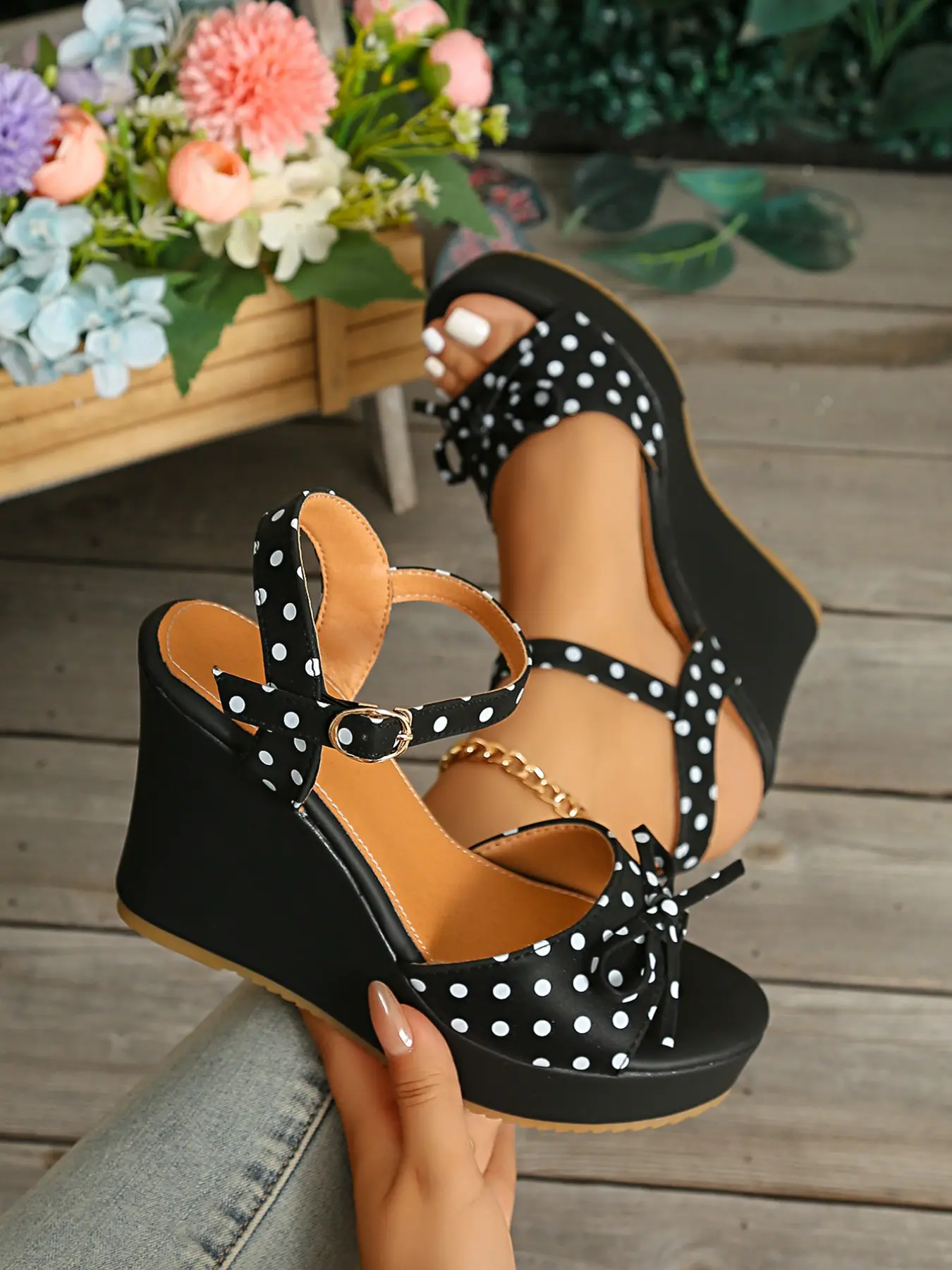 Women's Polka Dot Bow Wedge Heeled Platform Sandals, Peep Toe Ankle Strap Buckle Fashion High Heel, Lightweight Non-Slip Summer Casual Fashionable Wedge Shoes
