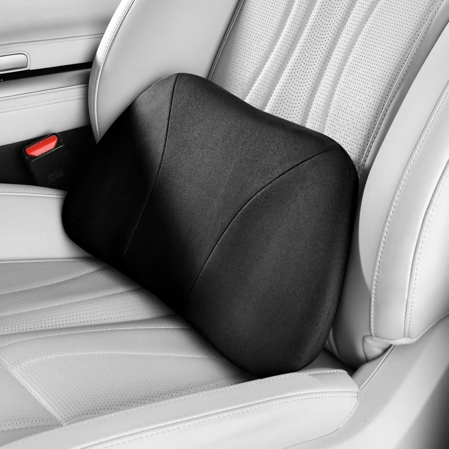 Memory Foam Lumbar Support Pillow - Skin-friendly Suede, Tight Fit, Portable Back Pain Relief Waist Cushion for Car, Office Chair, 15.5''L x 8.7''H Posture Improver