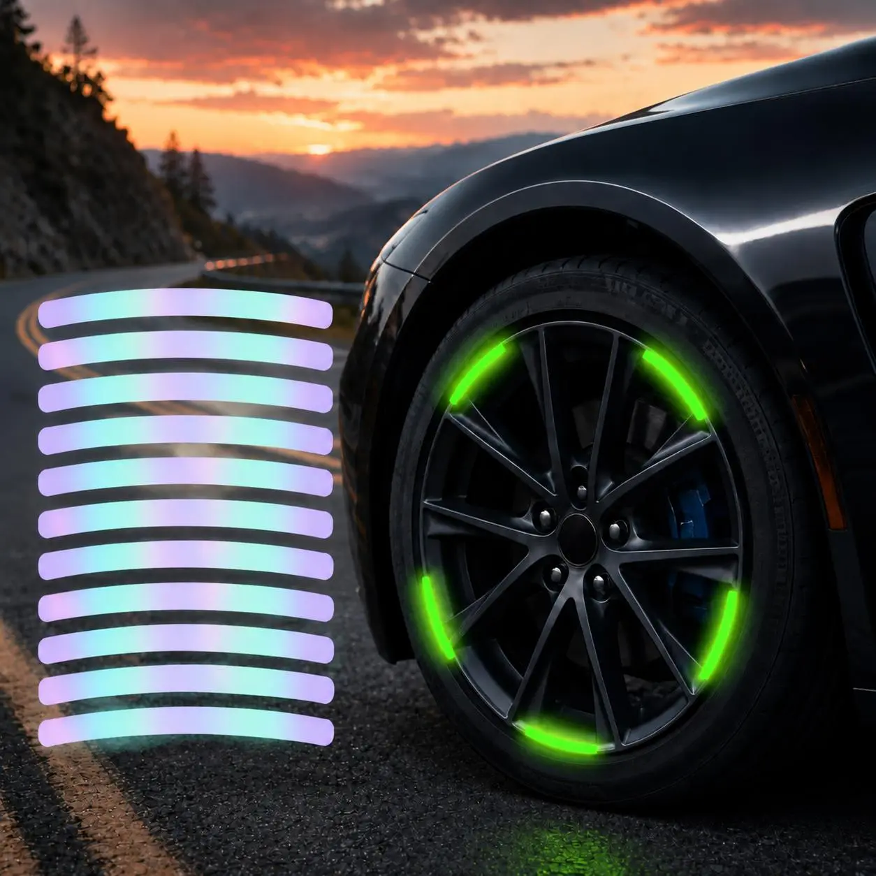 40Pcs Car Wheel Hub Reflective Sticker Set, Universal Tire Rim Decor Strips, Motorcycle Night Safe Warning Decals for Cars/Bikes, SUVs, Trucks Exterior Safety Accessories