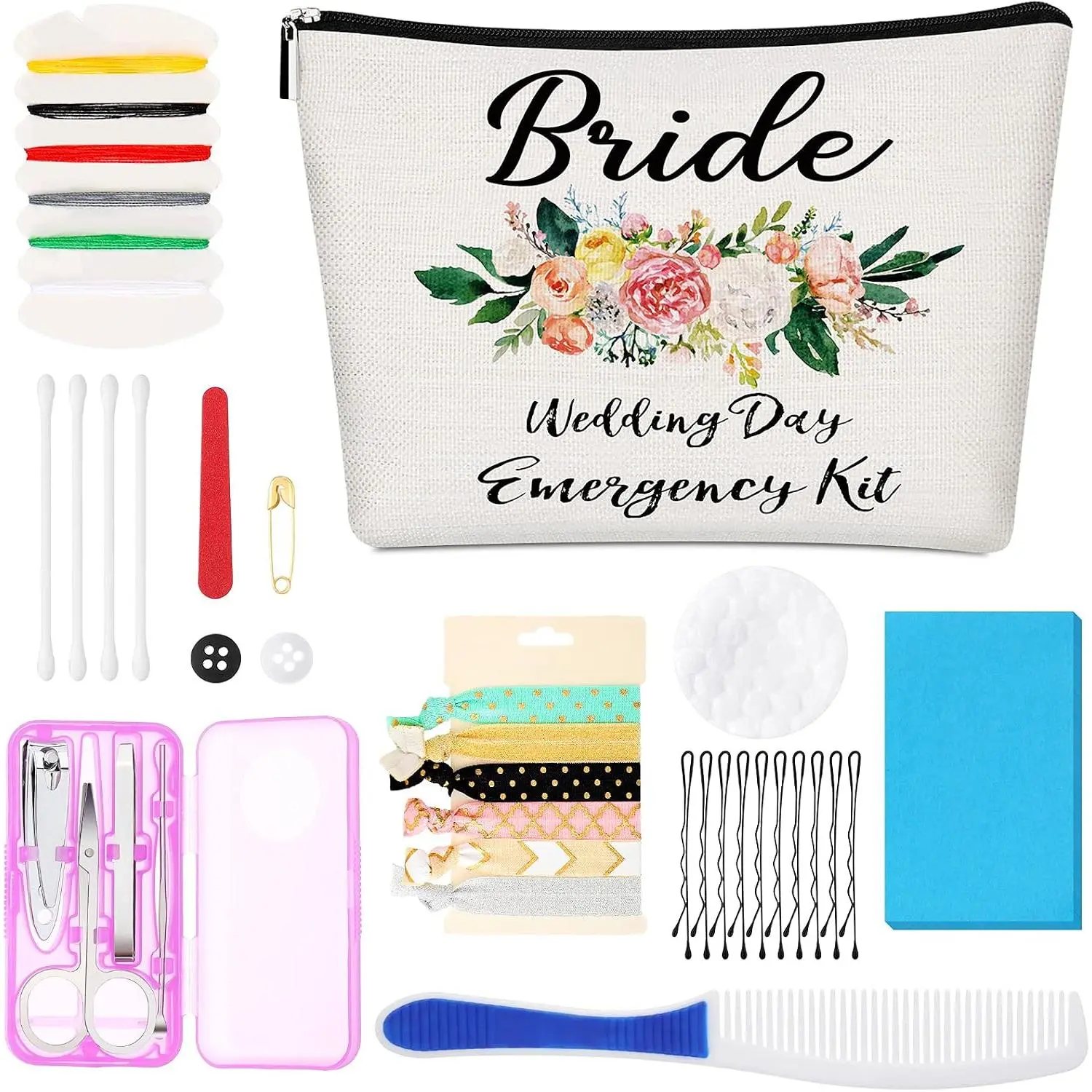 Floral Wedding  Kit for Bride Wedding  Set with Makeup Bag, Bridal Shower Kit  Present Fun Engagement Present for Bride  Supplies | Bridal Shower , Sewing Thread  , Hair Accessories Pins Comb, Beauty Swabs Towel,  Supplies