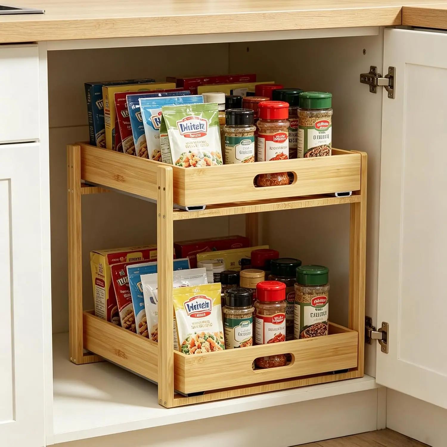 Under Sink Pull Out Organizer - Bamboo Cabinet Organizer 2-Tier with Adjustable Height, Undersink Storage Shelf Slide Out for Kitchen Bathroom Pantry Cabinet