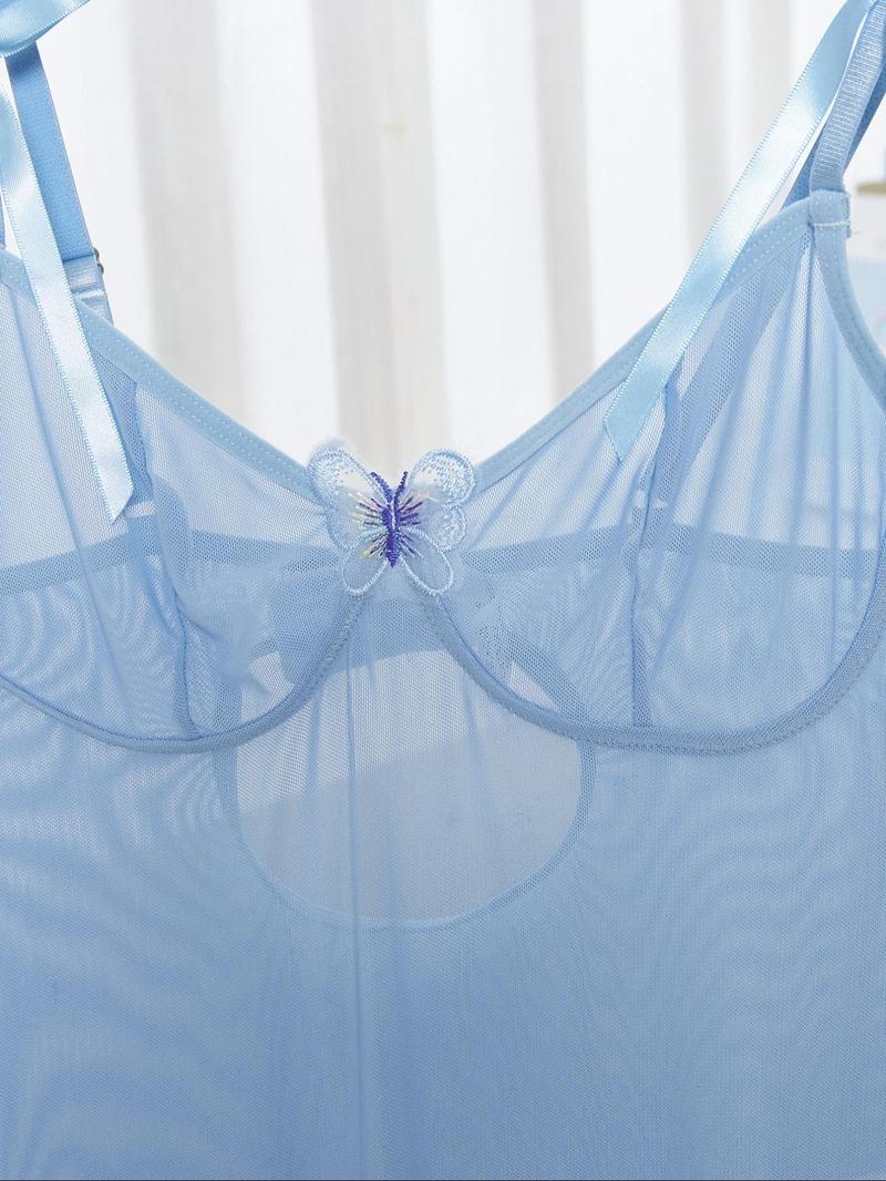 Women's Butterfly Decor Sheer Mesh Cami Nightdress & Thong Sexy Lingerie Set, Sexy Elegant Sleeveless Dress & Thong, Women's Lingerie & Underwear for Home Nights, Glam Lounge Wear, Womenswear