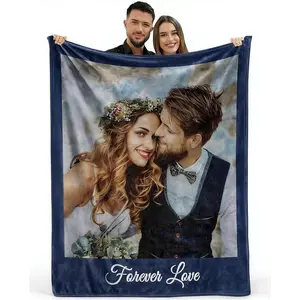 Personalized "Forever Love" Wedding Picture Flannel Blanket - Navy Border, Cloud Texture, Luxury Bridal Shower Gift, Soft Cozy Keepsake for Bed Couch